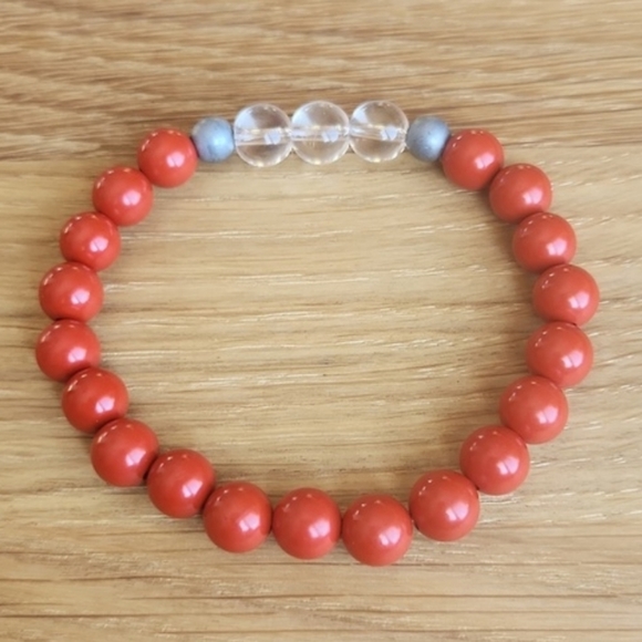 Hand Crafted Jewelry - Red Cinnabar, Clear Quartz & Silver Hematite Gemstone Beads Bracelet